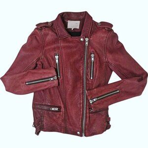 IRO Barby Distressed Leather Moto Biker Jacket Bordeaux Red Size 0